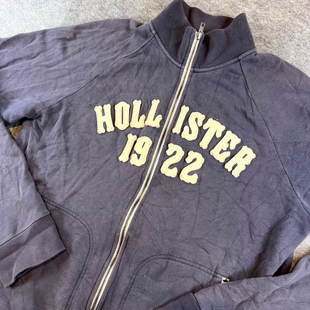 Hollister Men Full Zip Sweatshirt Navy Blue Y2K Surf Varsity XL Applique Logo‎
